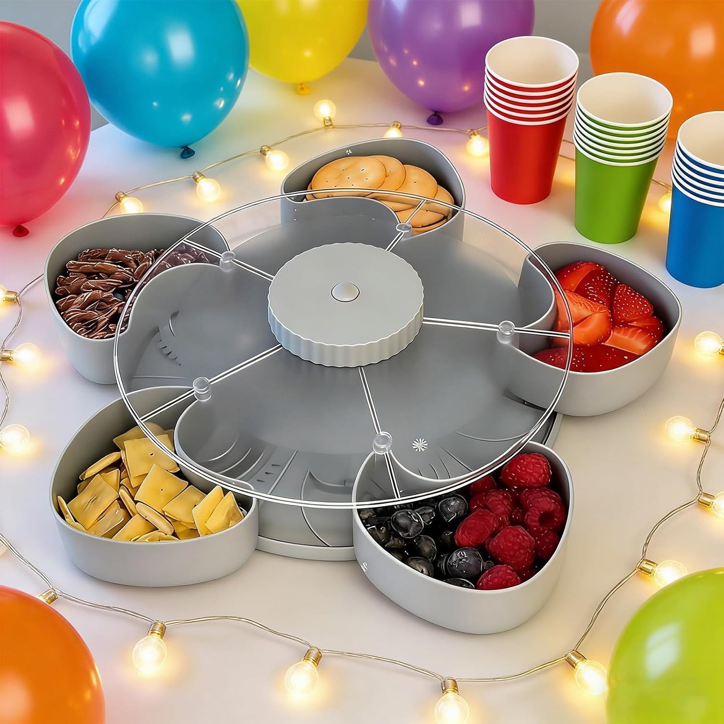 Snack Tray Lid - Rotating Divided Container, Non Slip with Party Base, Vegetable Fruit with Dipping Sauce, Serving Tray, Appetizer Picnic Snack Trays for Travel Dining Table Party Serving