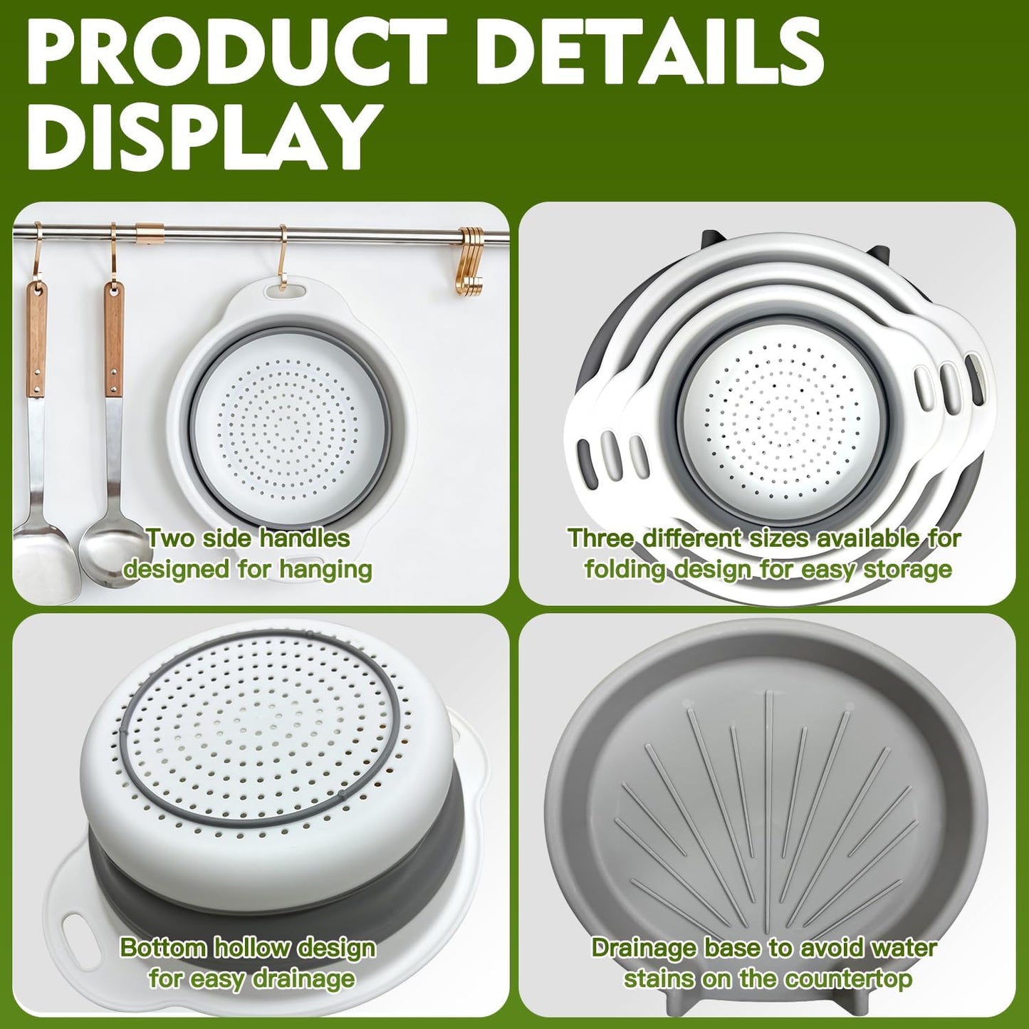 Collapsible Colanders Set, 3 Pack Food Strainers with Over-Sink Water Draining Base for Pasta Fruits and Vegetables