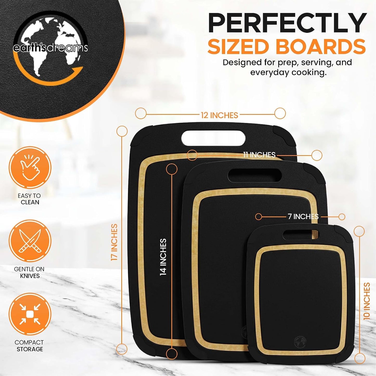 Earth's Dreams Composite Wood Cutting Board Set of 3 – Built In Juice Groove, Dishwasher Safe,Cutting Boards for Kitchen – Large, Medium & Small Non-Slip Wood Charcuterie & Chopping Boards (Tan/Black)