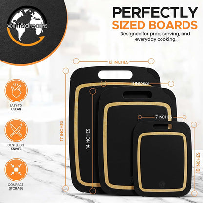 Earth's Dreams Composite Wood Cutting Board Set of 3 – Built In Juice Groove, Dishwasher Safe,Cutting Boards for Kitchen – Large, Medium & Small Non-Slip Wood Charcuterie & Chopping Boards (Tan/Black)