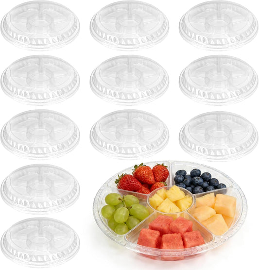 12 Pack 6 Divided Round Plastic Serving Trays, Clear Veggie Tray with Lid