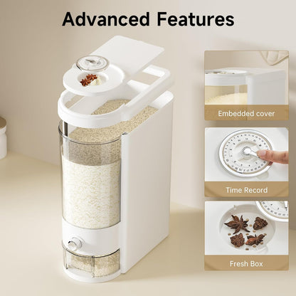 UFORU Rice Dispenser, Rice Storage Container with Measuring Cup for Kitchen Pantry Household, Dry Food Storage Containers Airtight, Sealed Moisture Proof (White 11Lbs)