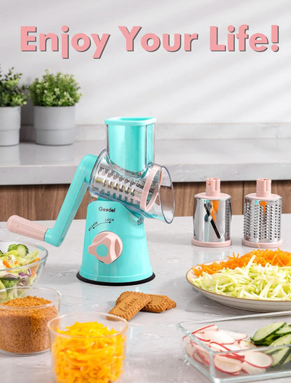 Geedel Rotary Cheese Grater, Kitchen Mandoline Vegetable Slicer with 3 Interchangeable Blades, Easy to Clean Rotary Grater Slicer for Cheese, Vegetables, Nuts