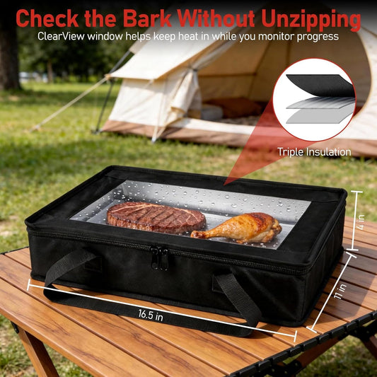 BANGIE BBQ Meat Resting Blanket & 9x13 Foil Pan Carrier - Leakproof Insulated Casserole Transport Bag with Visual Window, Rigid Hard Bottom - Birthday Father's Day Grilling Gifts for Men, Dad,Green
