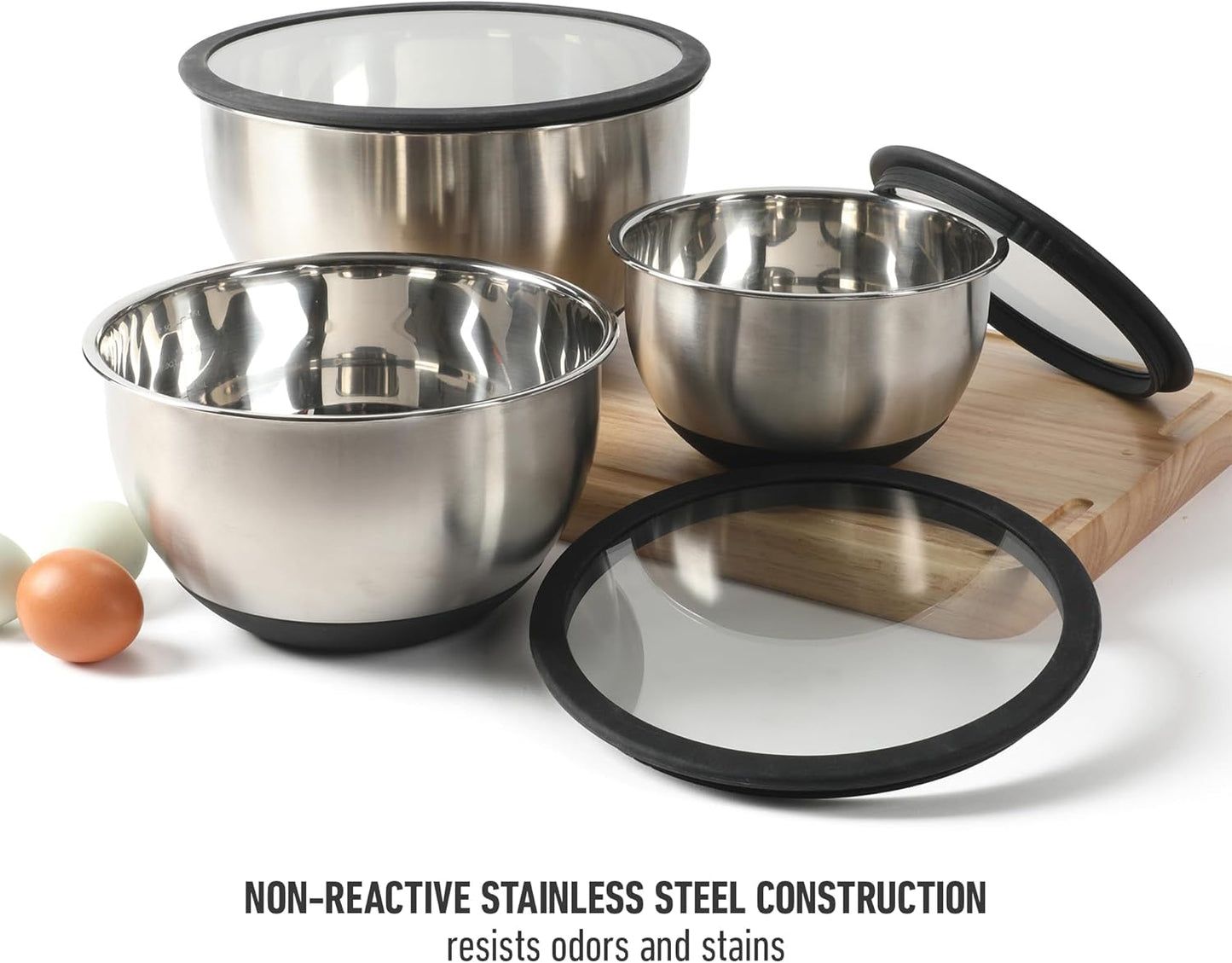Calphalon Mixing Bowl Set, Stainless Steel Mixing Bowls With Lids, 3-Piece Stainless Steel Mixing Bowls with Glass Lids & Non-Slip Silicone Base, Prep and Storage Bowls Dishwasher Safe