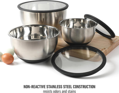 Calphalon Mixing Bowl Set, Stainless Steel Mixing Bowls With Lids, 3-Piece Stainless Steel Mixing Bowls with Glass Lids & Non-Slip Silicone Base, Prep and Storage Bowls Dishwasher Safe