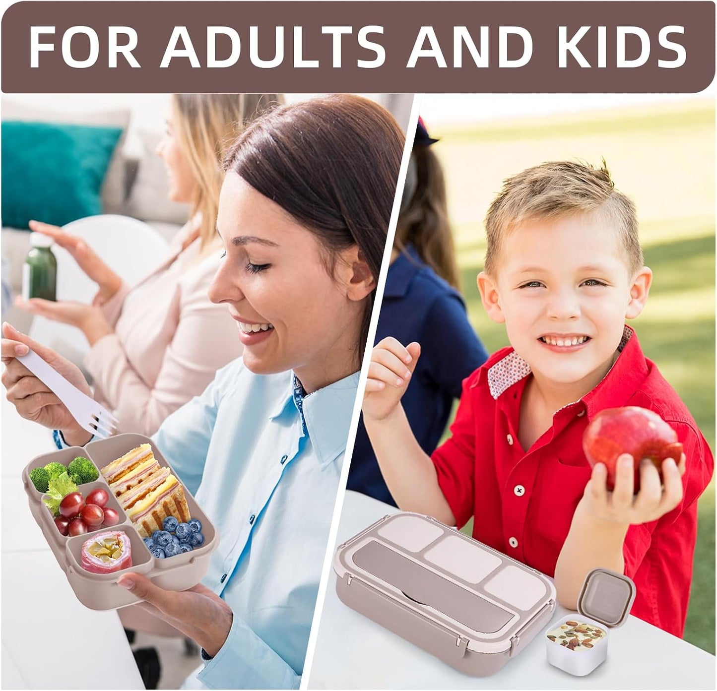 QQKO Bento Lunch Box for Kids Girls Boys, Toddler Kids Lunch Boxes for School, Lunch Containers for Adults with 4 Compartments, Sauce Container, Utensils, Food Picks and Muffin Cups, Purple