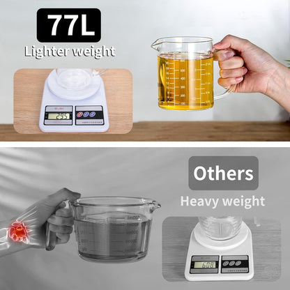 77L 3 Pack Glass Measuring Cup Set (1 1/4, 2 & 4 Cup) [Insulated handle, V-Shaped Spout], High Borosilicate Liquid Glass Measure Cup for Kitchen, Easy To Read, Dishwasher, Freezer, and Microwave Safe