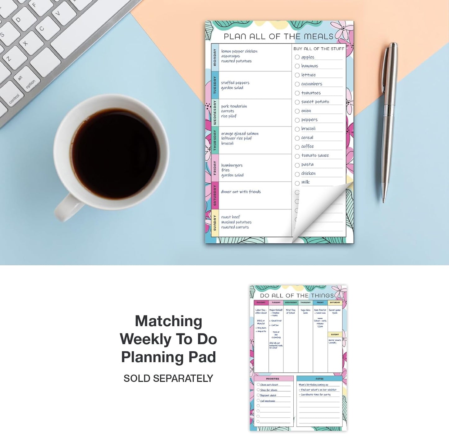 Global Printed Products 8.5" x 11" Horizontal Meal Planning Pad, 60-Sheets, Soft Pink Floral