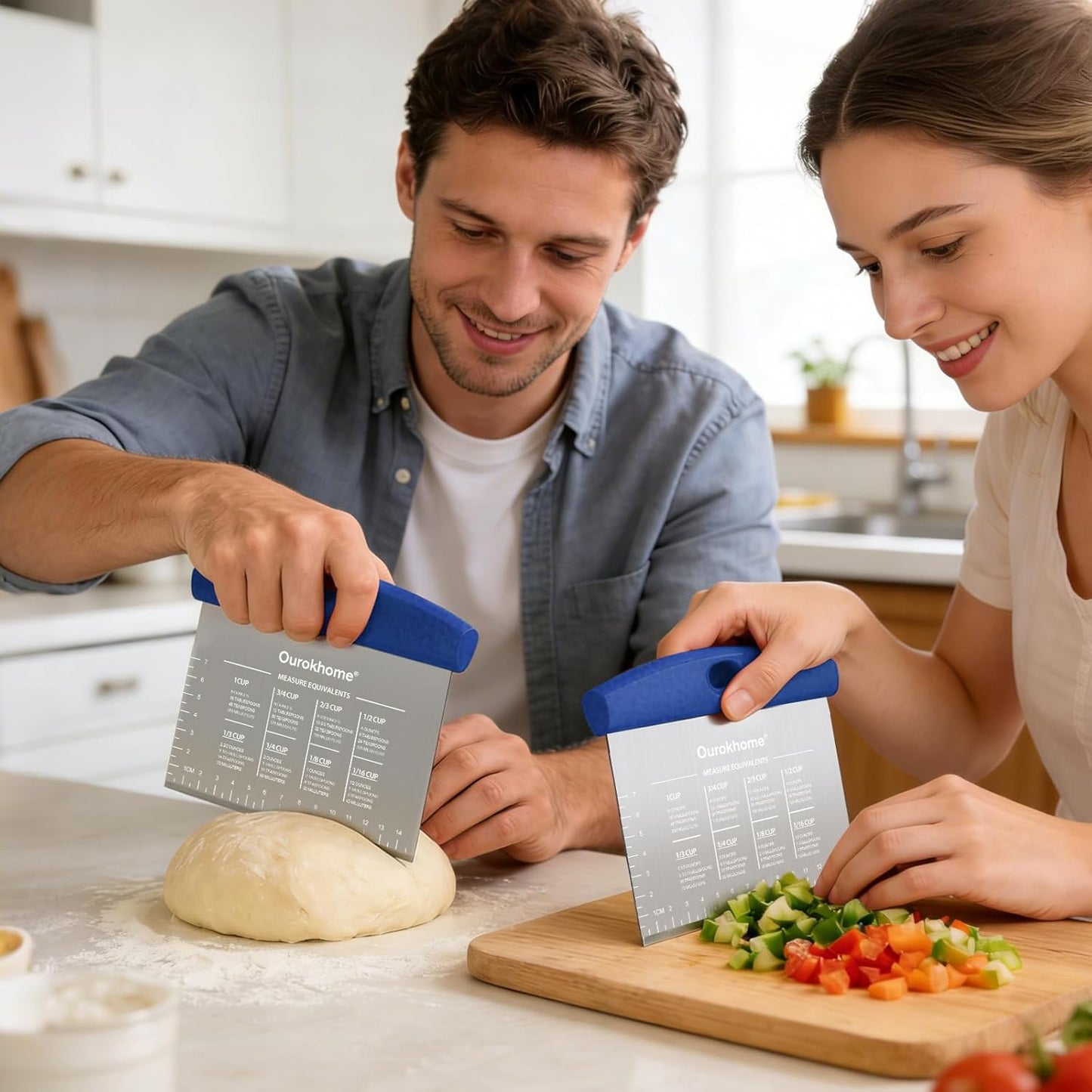 Ourokhome 2 Pack Bench Scraper Dough Cutter, Stainless Steel Dough Scraper with Laser-Etched Scale, Conversion Chart, Non-Slip Handle, Dishwasher Safe for Bread & Pastry, Black