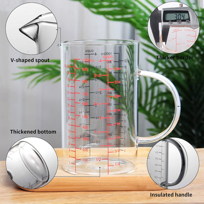 77L 3 Pack Glass Measuring Cup Set (1 1/4, 2 & 4 Cup) [Insulated handle, V-Shaped Spout], High Borosilicate Liquid Glass Measure Cup for Kitchen, Easy To Read, Dishwasher, Freezer, and Microwave Safe