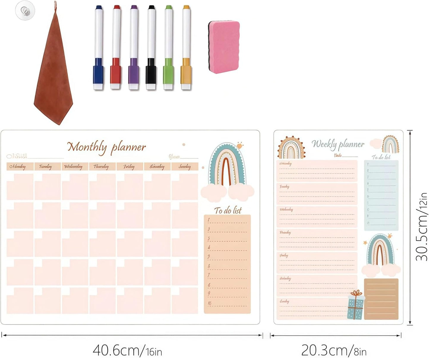 Magnetic Calendar for Refrigerator, 16’’×12’’ Monthly Planner & 8’’×12’’ Weekly Planner, Reusable Dry Erase Whiteboard Calendar Family Study Planing with 6 Markers, Towel & Eraser