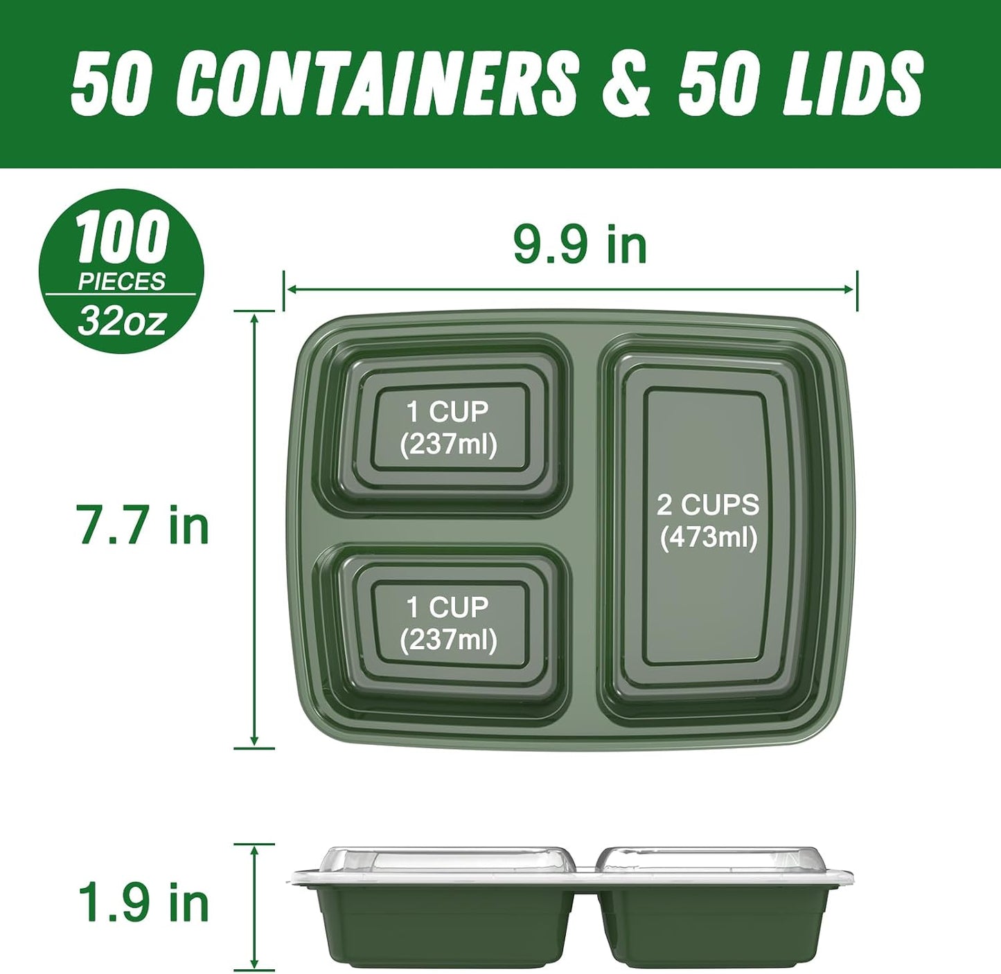50 Pack (100-Piece) 32 oz Meal Prep Containers Reusable with Lids 3-Compartment, To Go Take Out Plastic Food Storage Containers, Sturdy Leakproof Food Safe, Microwave Freezer Dishwasher Safe, Black