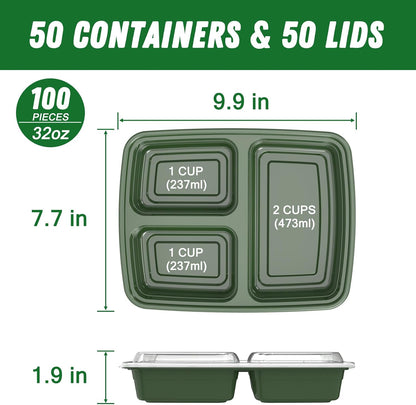 50 Pack (100-Piece) 32 oz Meal Prep Containers Reusable with Lids 3-Compartment, To Go Take Out Plastic Food Storage Containers, Sturdy Leakproof Food Safe, Microwave Freezer Dishwasher Safe, Black