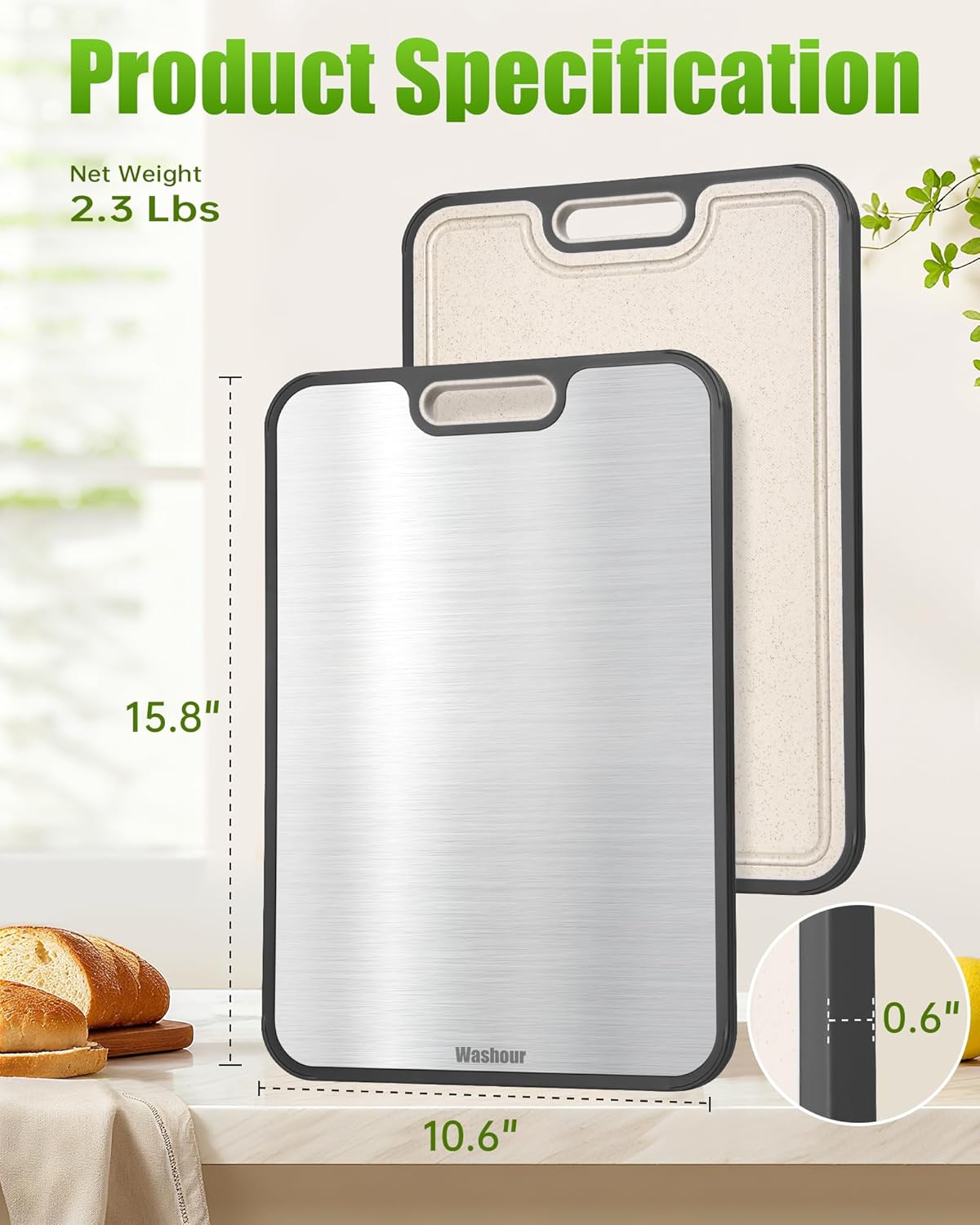 Titanium Cutting Boards for Kitchen, Non Toxic 2-in-1 Cutting Board Double Sided, Food Grade Chopping Boards for Fresh Meat Vegetable, Easy to Clean Large Size 16”×11”