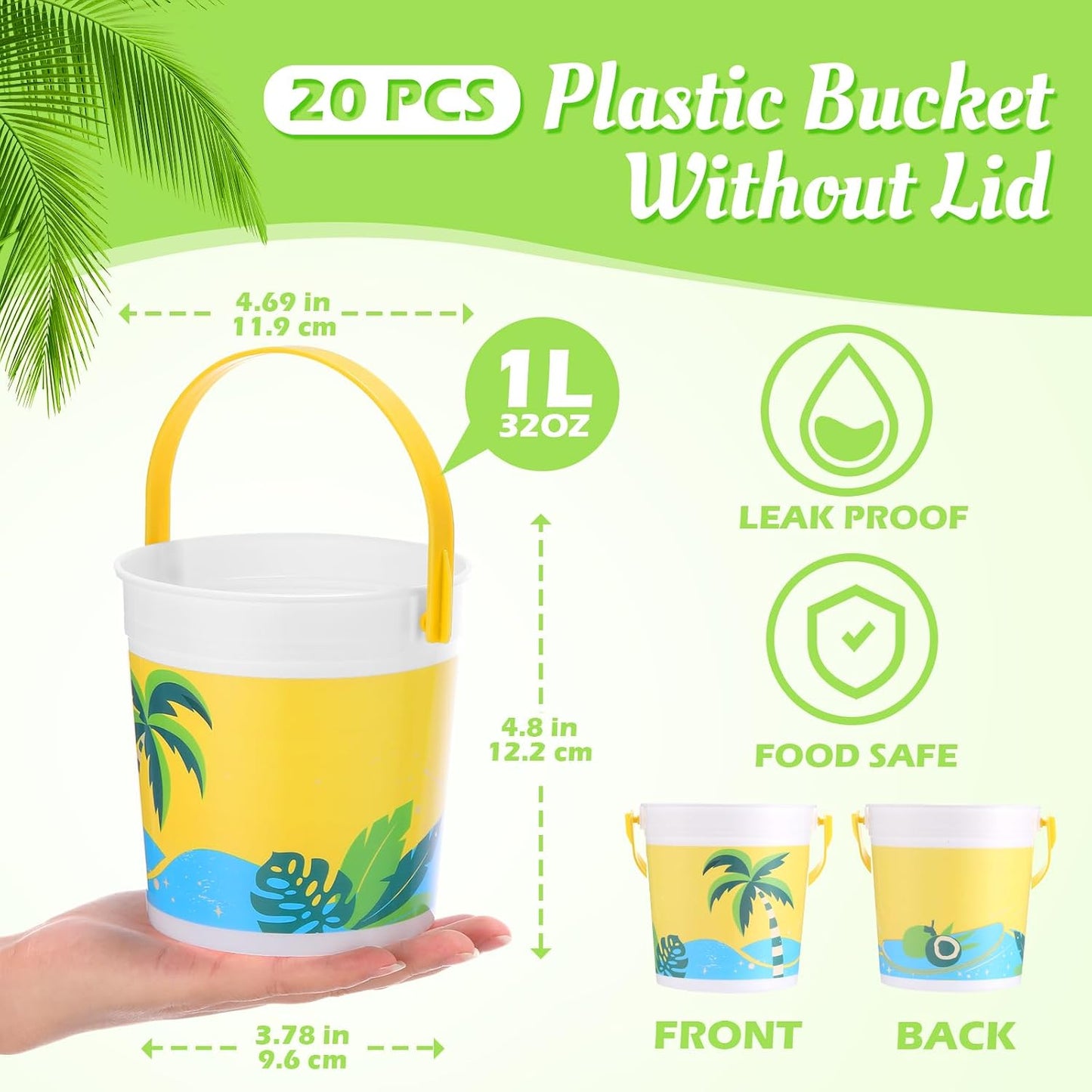 20 Pcs 32 oz Plastic Cocktail Rum Buckets with Handles for Drinks with 100 Colorful Straws Reusable Portable Drink Buckets for Beach Summer Bar Parties