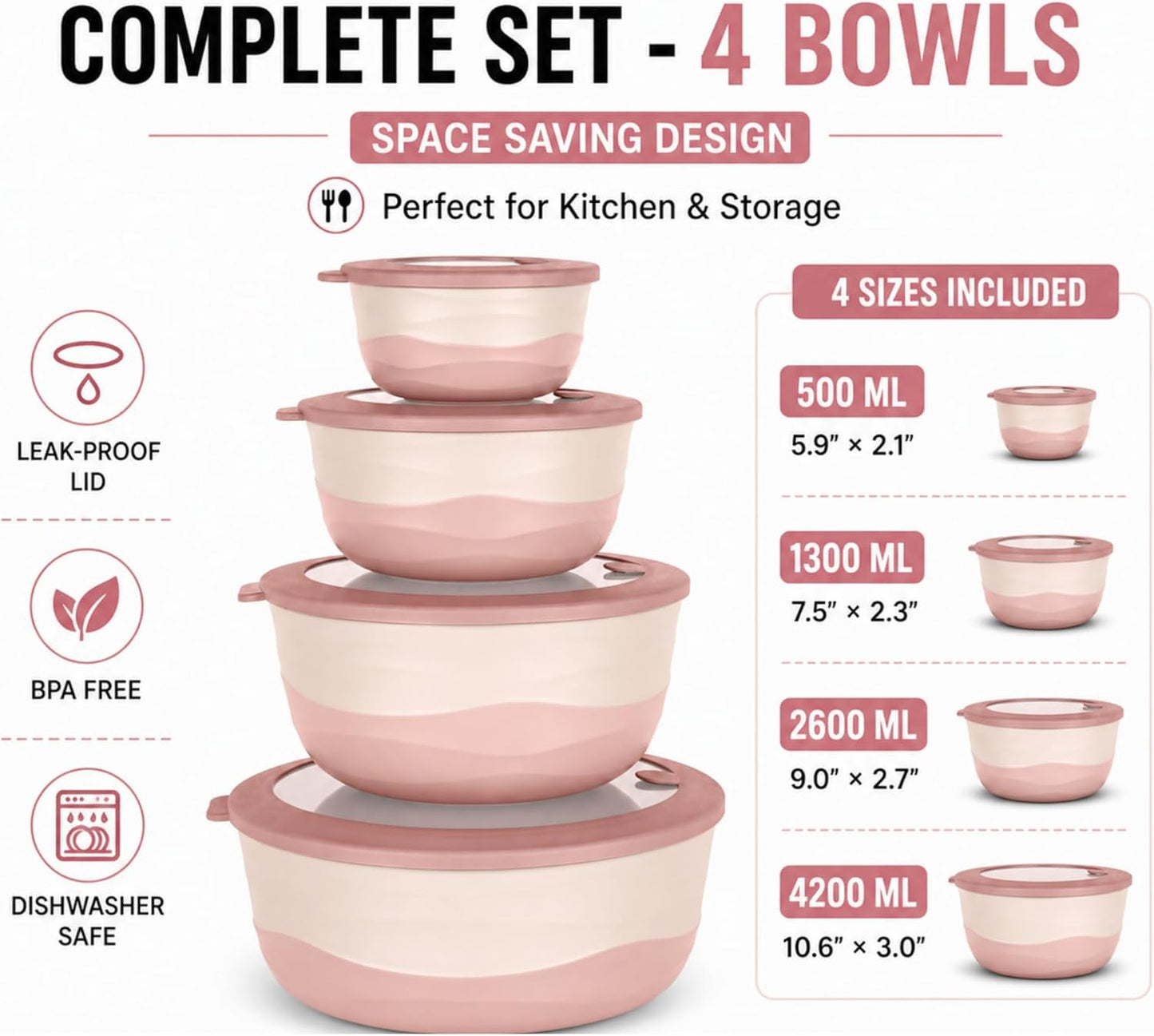 Pera Mixing Bowls with Lids, 8-Piece Airtight Leak-Proof Nesting BPA-Free Bowl Set for Kitchen & Food Storage, Large 4200ml Capacity, Microwave & Dishwasher Safe
