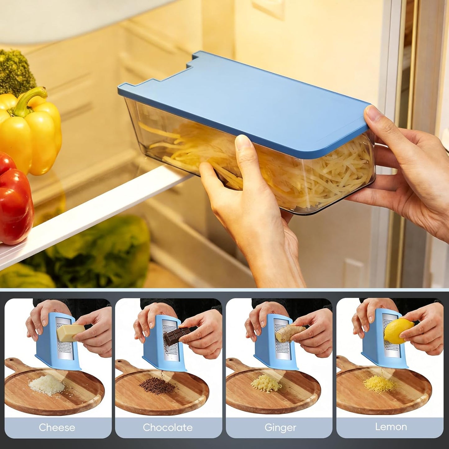 ONCE FOR ALL Upgrade Safe Mandoline Slicer Plus, Biger Size, Adjustable Vegetable Food Chopper Potato Fries Cutter, Detachable Blade, Kitchen Chopping Artifact, Gift (SkyBlue)