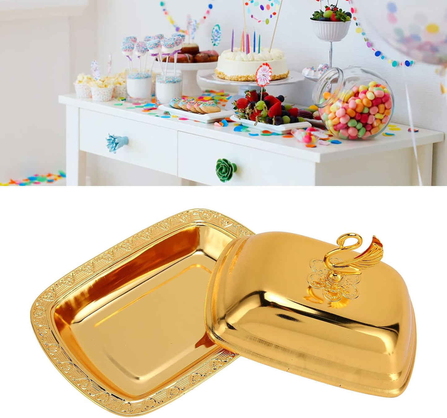 Stainless Steel Serving Tray, 7"x 5" Appetizer Plates with Swan Handle Lid, Fruit Dish Snack Serving Tray Decorative Dessert Platter Candy Holder for Wedding Home Birthday Party (Gold)