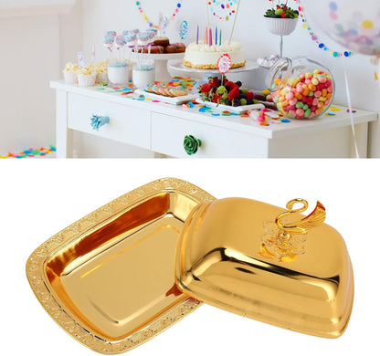 Stainless Steel Serving Tray, 7"x 5" Appetizer Plates with Swan Handle Lid, Fruit Dish Snack Serving Tray Decorative Dessert Platter Candy Holder for Wedding Home Birthday Party (Gold)