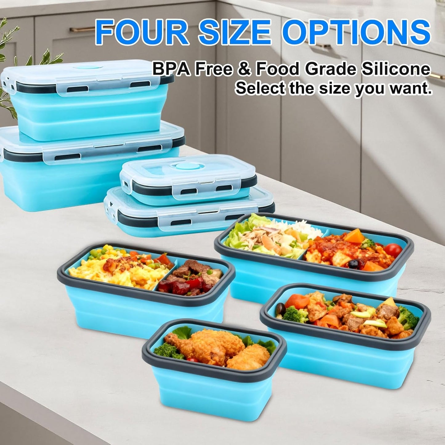 Collapsible Silicone Food Storage Containers 4 Set Airtight Leak Proof Food Containers with Lids Stackable Meal Prep for Microwave Freezer Dishwasher for Kitchen Camping Office Gray