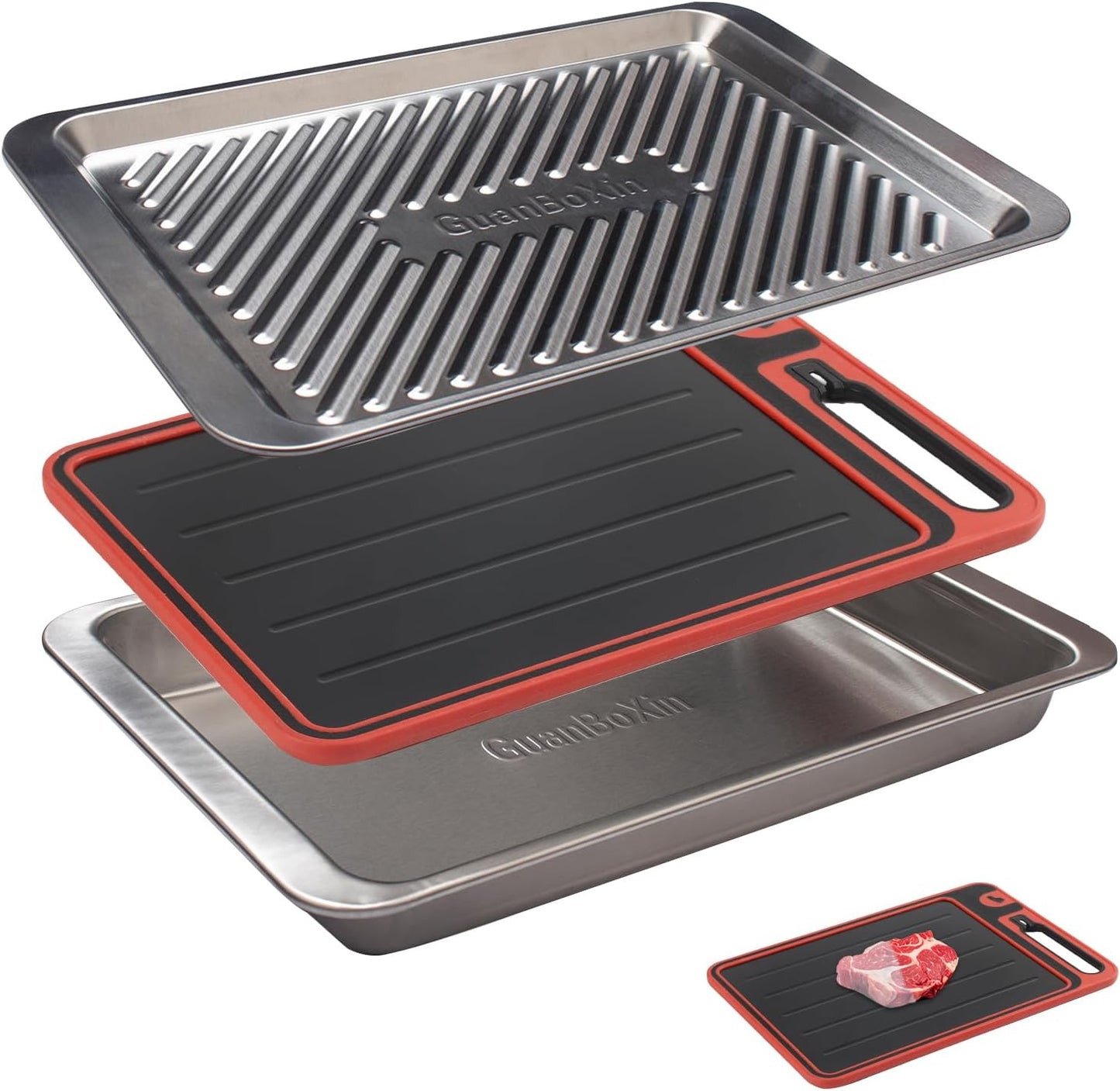 Grilling Prep and Serve Trays, Set of 2 Stackable Stainless Steel BBQ Trays, Deep Marinating Container, Serving Platter for Plating Food, BBQ Prep Tub for Marinating Meats, Grill Accessories