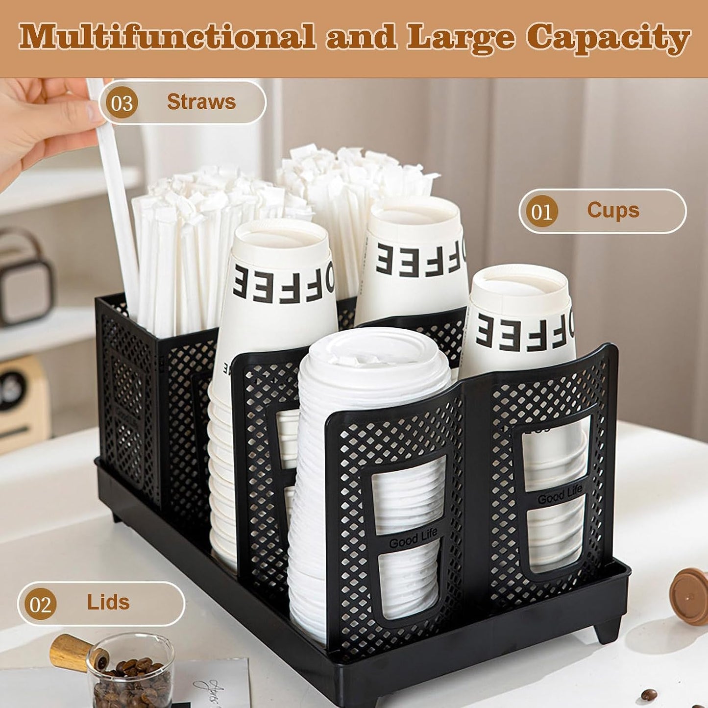 Cup and Lid Holder with Straw Organizer, 8-20oz Paper Cup Dispenser Unbreakable 2-in-1 Adjustable Disposable Paper Cup Holder for Countertop Coffee Station Home Office Bar