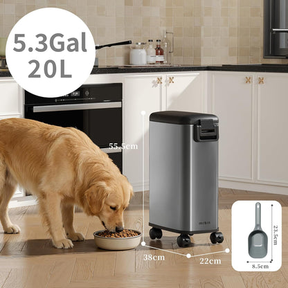 MRBIN Pet Food Bin 20 LB / 15 LB, Dog Food Storage Bin 20L with Scoop Airtight Pet Food Container Stainless Steel Large Containers with Wheels, Eclipse Grey