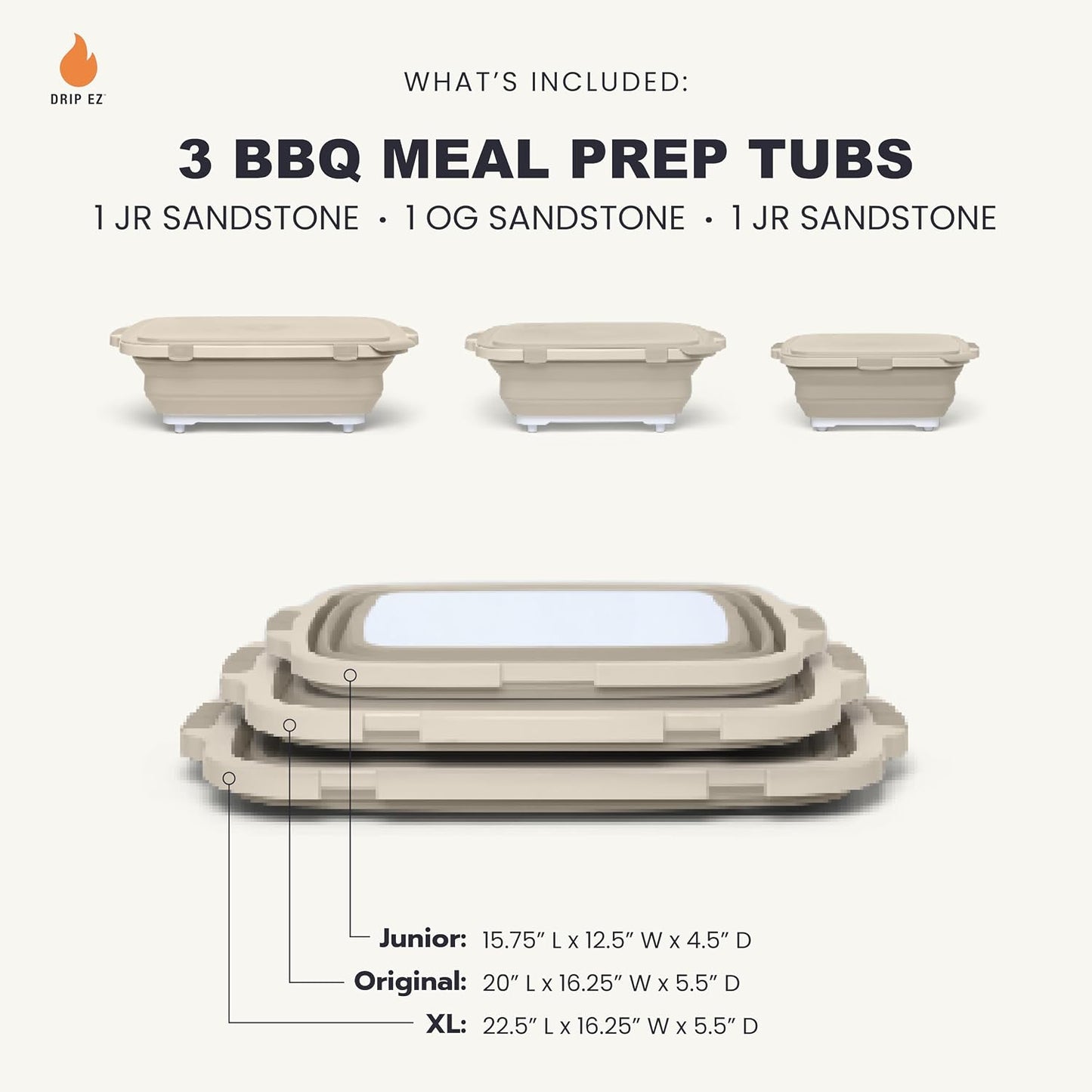 Drip EZ Collapsible BBQ Prep Tubs 3-Piece Set- For Meal Prep Marinating Food Storage - Includes Cutting Board & Lid - (1) JR + (1) OG + (1) XL - Black