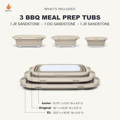 Drip EZ Collapsible BBQ Prep Tubs 3-Piece Set- For Meal Prep Marinating Food Storage - Includes Cutting Board & Lid - (1) JR + (1) OG + (1) XL - Black