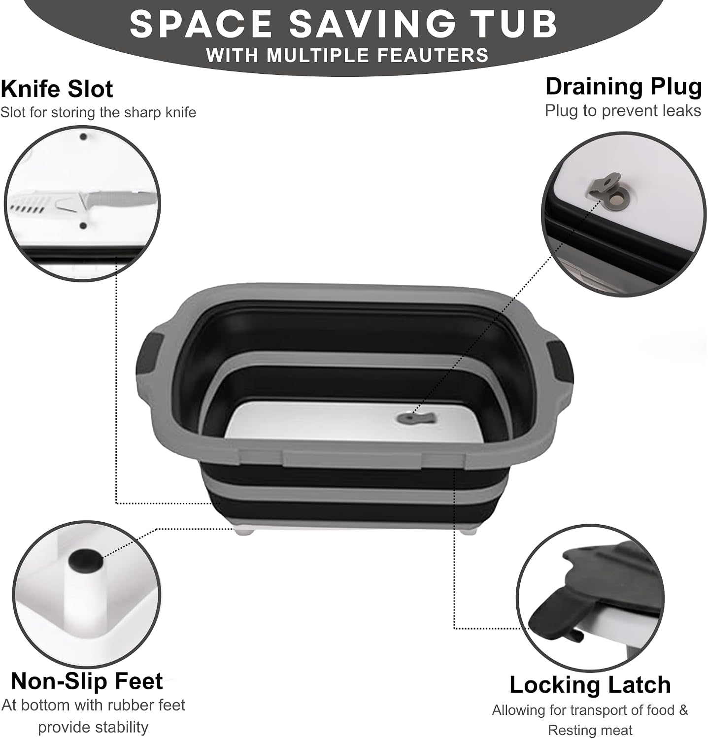 Collapsible BBQ Prep Tub 8L Black | Portable Meat Marinating Container with Locking Cutting Board Lid, BBQ Tongs, 2 Meat Shredding Claws & 2 Heat-Resistant Grill Gloves for Camping & Grilling