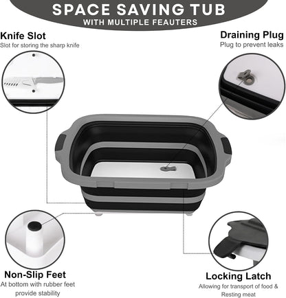 Collapsible BBQ Prep Tub 8L Black | Portable Meat Marinating Container with Locking Cutting Board Lid, BBQ Tongs, 2 Meat Shredding Claws & 2 Heat-Resistant Grill Gloves for Camping & Grilling