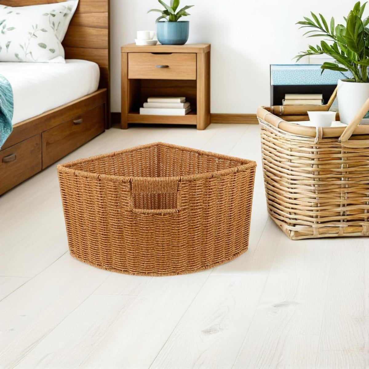 Woven Triangle Corner Storage Basket with Handles Shelf Laundry Basket | Plastic Rattan-Style Basket Fits Shelf Corners, Cabinets, Counters or Bathrooms for Towels, Laundry, Toys and Pantry Items