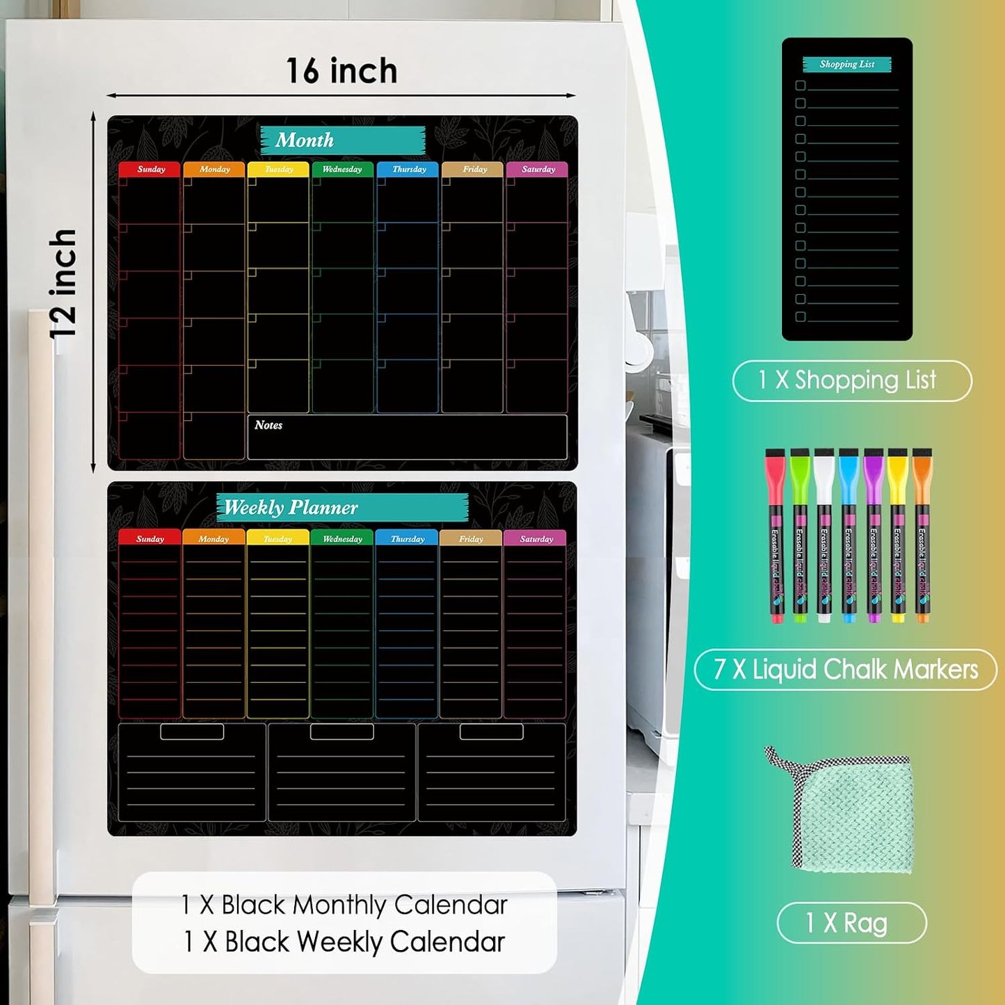 MaxGear Black Weekly Dry Erase Board,16"x12" Magnetic Whiteboard Meal Planner Blackboard for Fridge, Chalkboard Calendar Menu Planning Board Notepad for Kitchen with 7 Markers and 1 Eraser