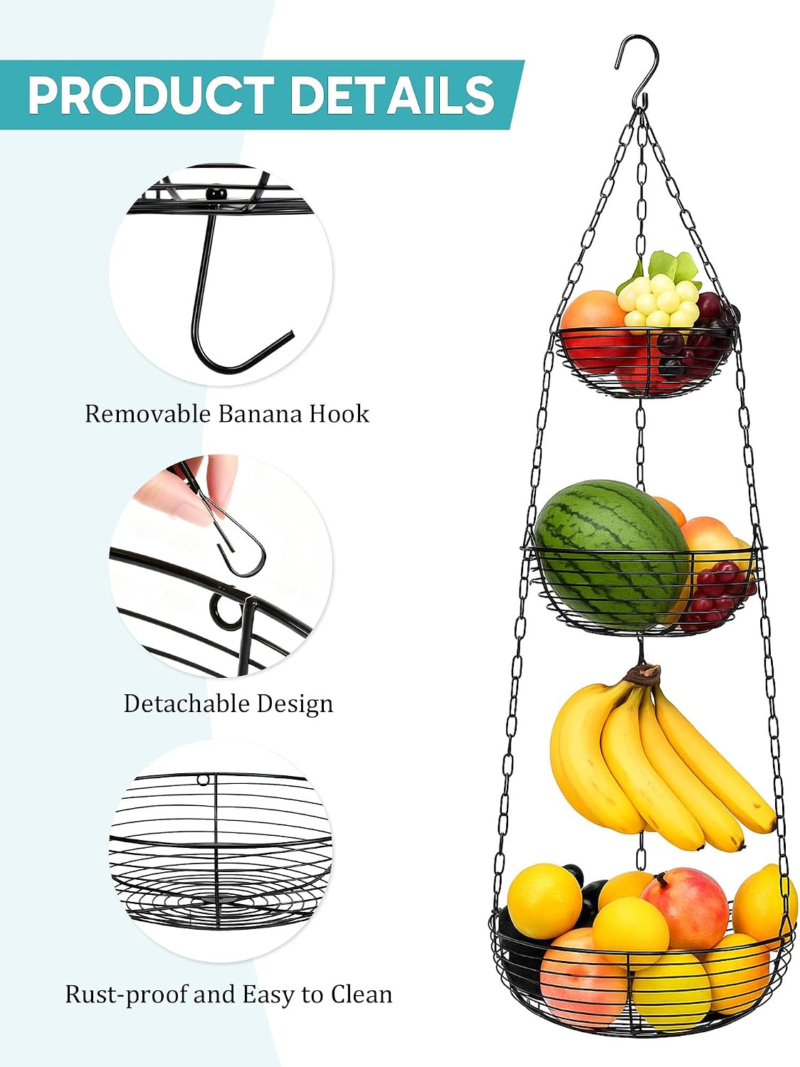 FANGSUN 3-Tier Hanging Fruit Basket for Kitchen Counter with Banana Hook, 36-Inch Heavy-Duty Wire Fruit Baskets with Leaf-Shaped Bracket for Kitchen Organizing Potato & Vegetable