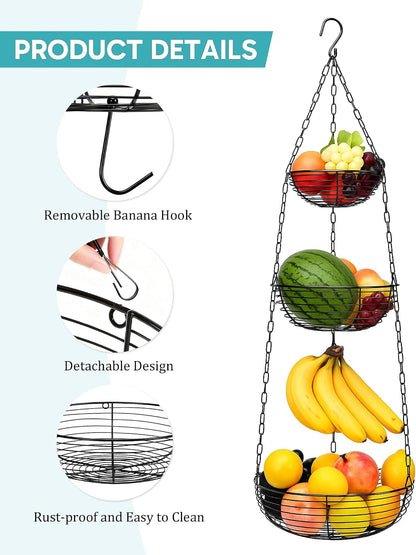 FANGSUN 3-Tier Hanging Fruit Basket for Kitchen Counter with Banana Hook, 36-Inch Heavy-Duty Wire Fruit Baskets with Leaf-Shaped Bracket for Kitchen Organizing Potato & Vegetable