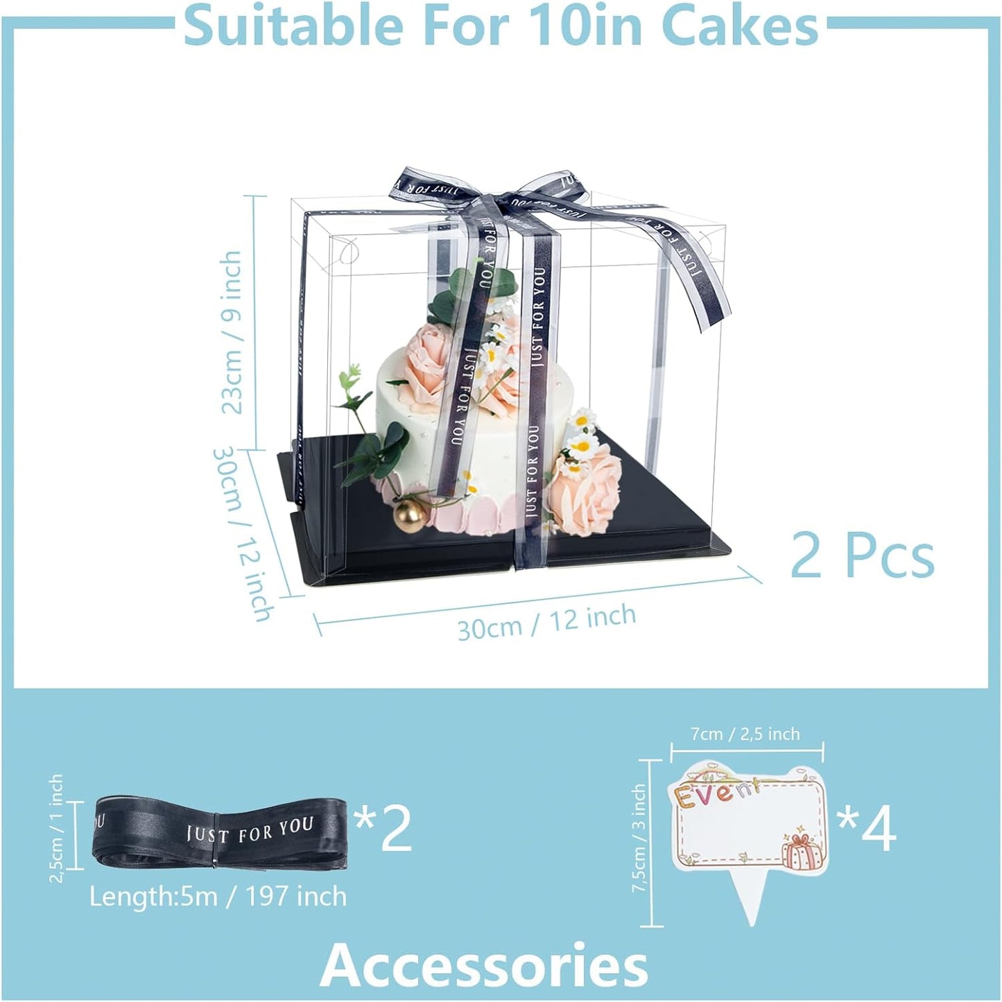 Clear Cake Box, 2 Pcs Transparent Cake Carrier Box with Lids, 4in PET Packaging Boxes with Ribbon Gift Card for Pastries, Clear Gift Boxes for Birthday, Wedding and Festival Party, Black.