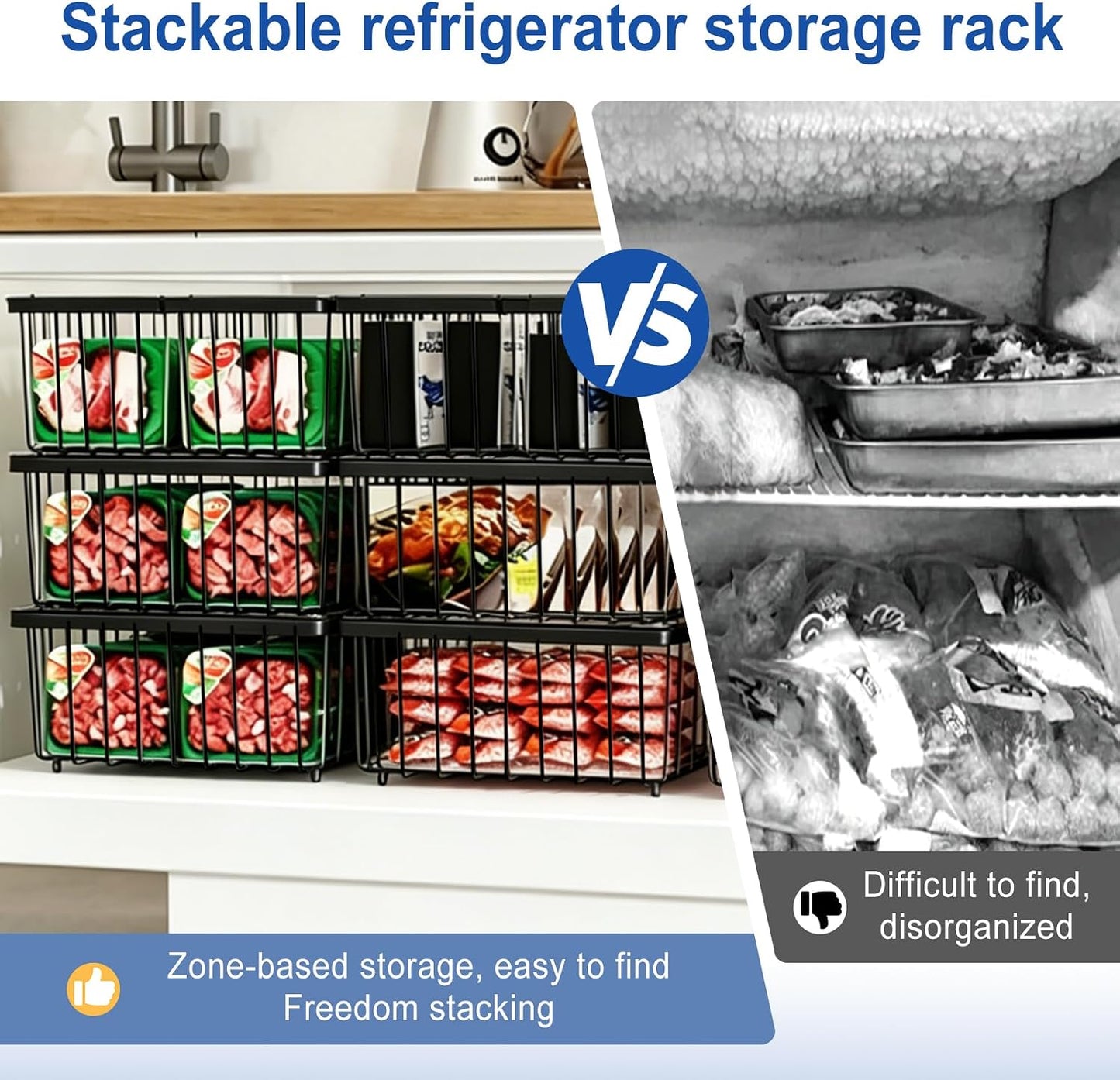 3Pack Freezer Organizer Bins, Stackable Chest Deep Freezer Storage Containers, Expandable Freezer Baskets with Handle fit 5cu.Ft 7cu.Ft Freezer, Fridge, Pantry (Black-3Pack)
