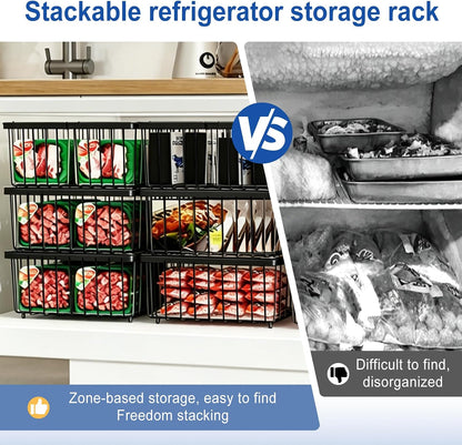 3Pack Freezer Organizer Bins, Stackable Chest Deep Freezer Storage Containers, Expandable Freezer Baskets with Handle fit 5cu.Ft 7cu.Ft Freezer, Fridge, Pantry (Black-3Pack)