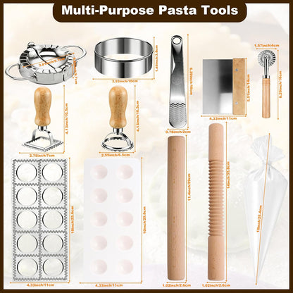 11 Pieces Ravioli Mold Set, Easy-to-Use Ravioli Maker Press with Ravioli Cutter Wheel, Pasta Cutter & Ravioli Making Kit, Wooden Pasta RollerPasta Making Tools for home，pasta lover