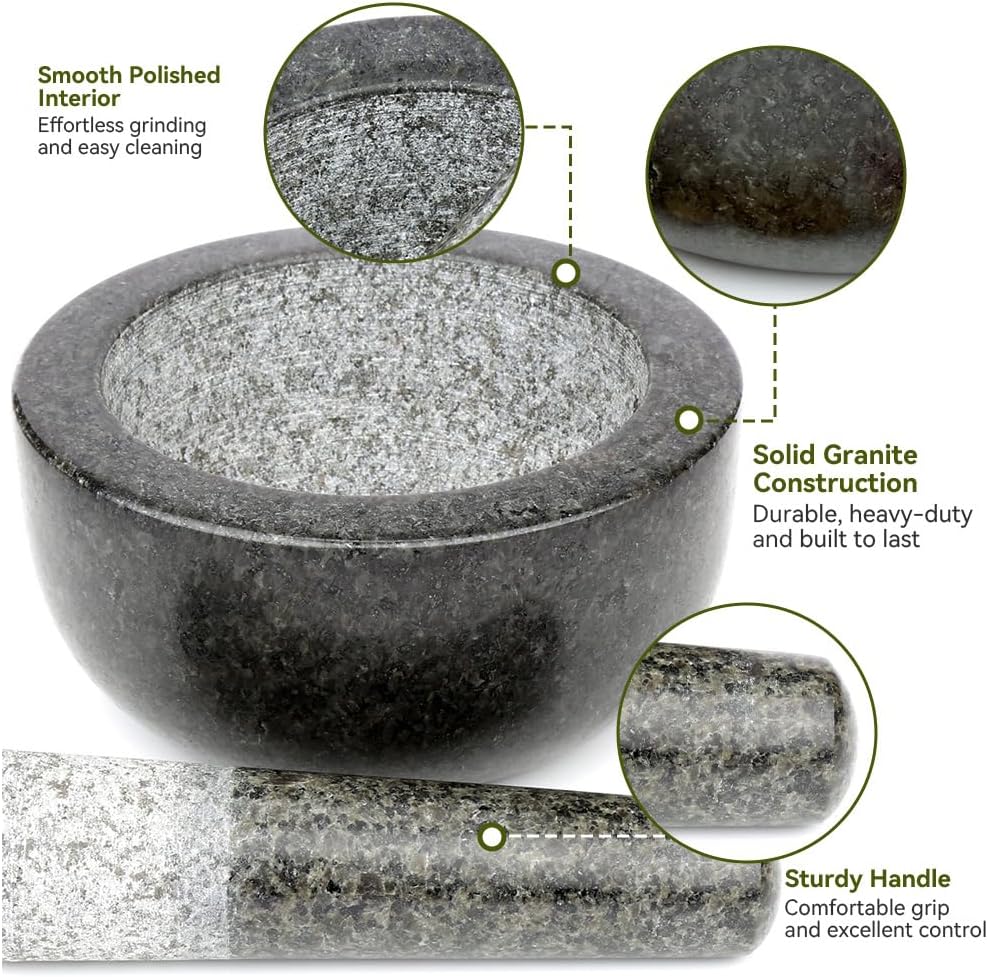 Kota Japan Large Black Granite Mortar & Pestle Natural Stone Grinder for Spices, Seasonings, Pastes, Pestos and Guacamole