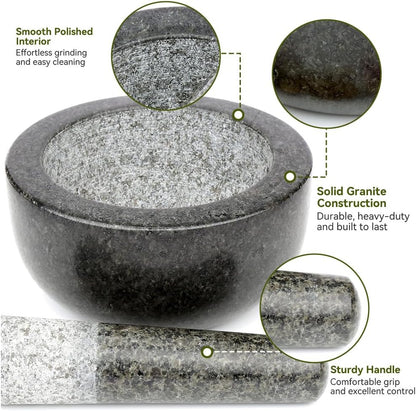 Kota Japan Large Black Granite Mortar & Pestle Natural Stone Grinder for Spices, Seasonings, Pastes, Pestos and Guacamole