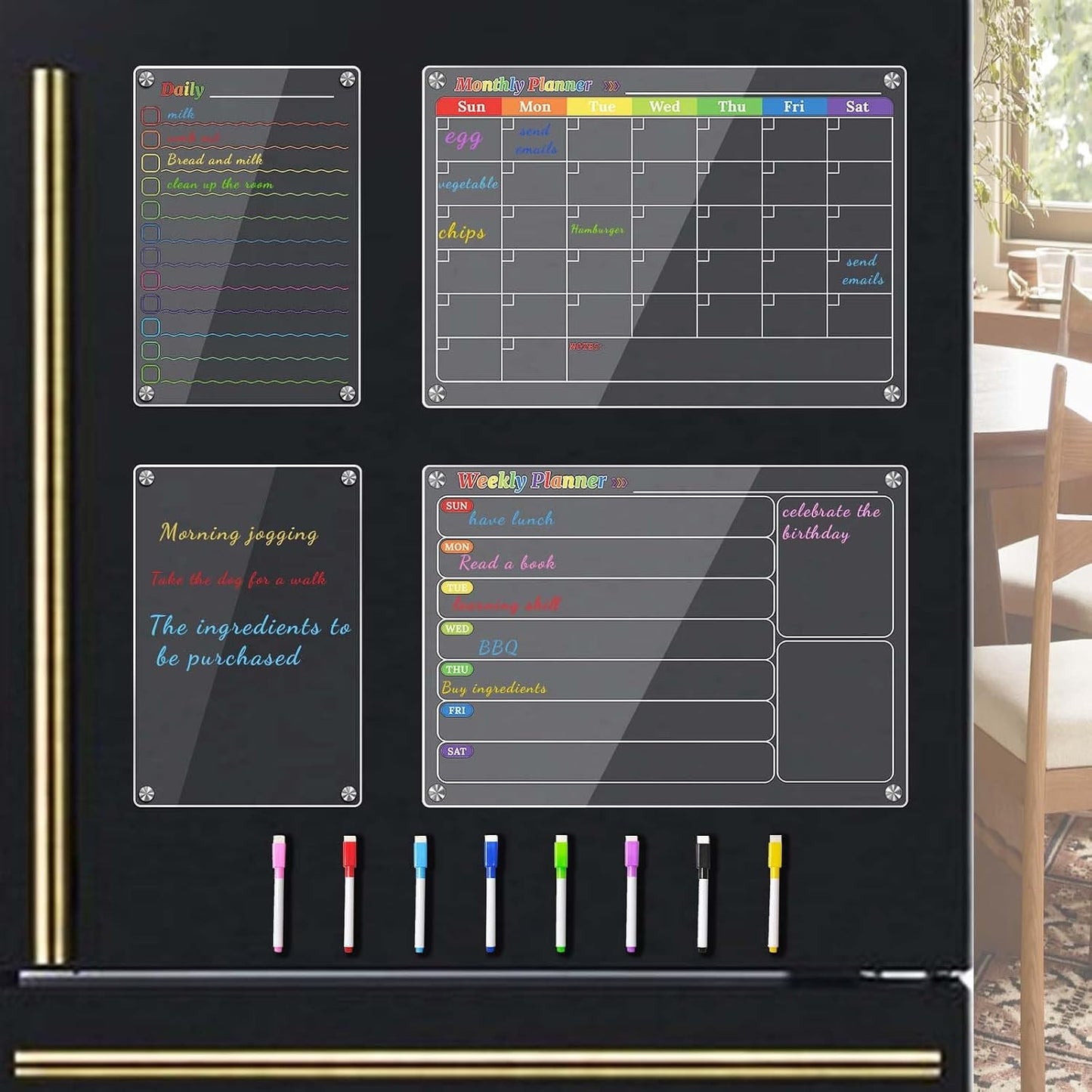 4Pcs Fridge Calendar Set, Clear Magnetic Dry Erase Daily, Weekly, Monthly Planners & Menu Board, w/ 2 Packs of 8 Markers