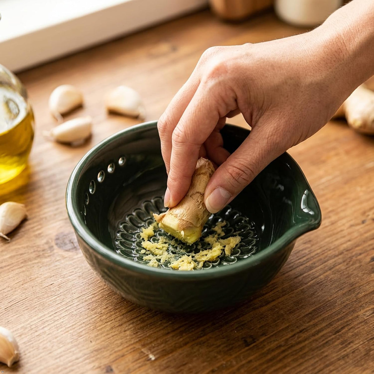 Ceramic Ginger Grater Bowl with Herb Stripper- Efficient Kitchen Tool
