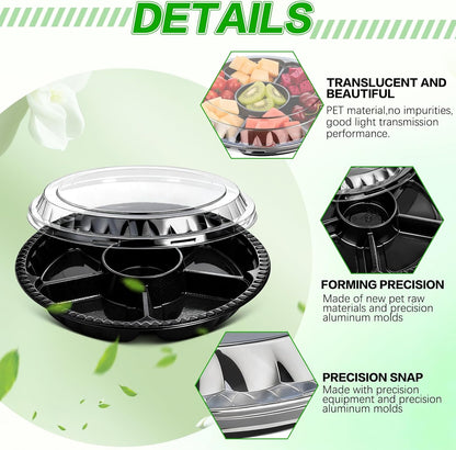 10 Pcs Round Plastic Appetizer Tray with Lid Divided Serving Tray Disposable Food Storage Trays Containers Plastic Tray Storage Snack Fruit Vegetable Trays for Party (black, 13.7 x 13.7 x 2 Inch)