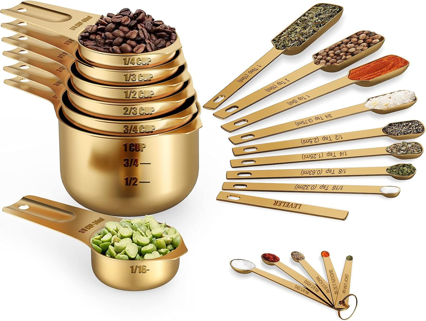 Wildone Measuring Cups & Spoons Set of 21 - Includes 7 Stainless Steel Nesting Cups, 8 Measuring Spoons, 1 Leveler & 5 Mini Measuring Spoons, Ideal for Dry and Liquid Ingredients