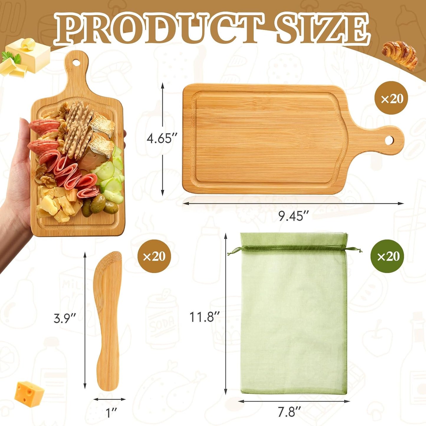Nuenen 50 Pcs Mini Wooden Charcuterie Board Bulk, Small Wood Cutting Board for Crafts Laser Engraving with Knives Organza Bags Wedding Baby Shower Favors Gift (Square,Bamboo Color)