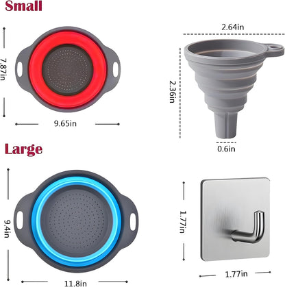 UVB Collapsible Colander Set, Space-Saving Foldable Kitchen Strainer for Pasta, Vegetables & Fruit, Colander for Kitchen with 2 Stainless Steel Hooks & Silicone Funnel – Blue