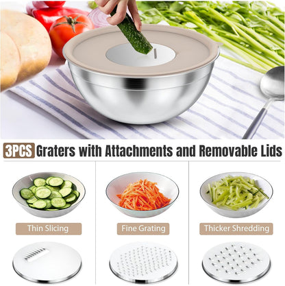 ENVTEK Mixing Bowls with Lids Set, 7 PCS Stainless Steel Mixing Bowls with 3 Grater Attachments, Size 4.5, 4, 3.5, 2.1, 1.5, 1.1, 0.7QT, Ideal for Kitchen Cooking Baking & Serving