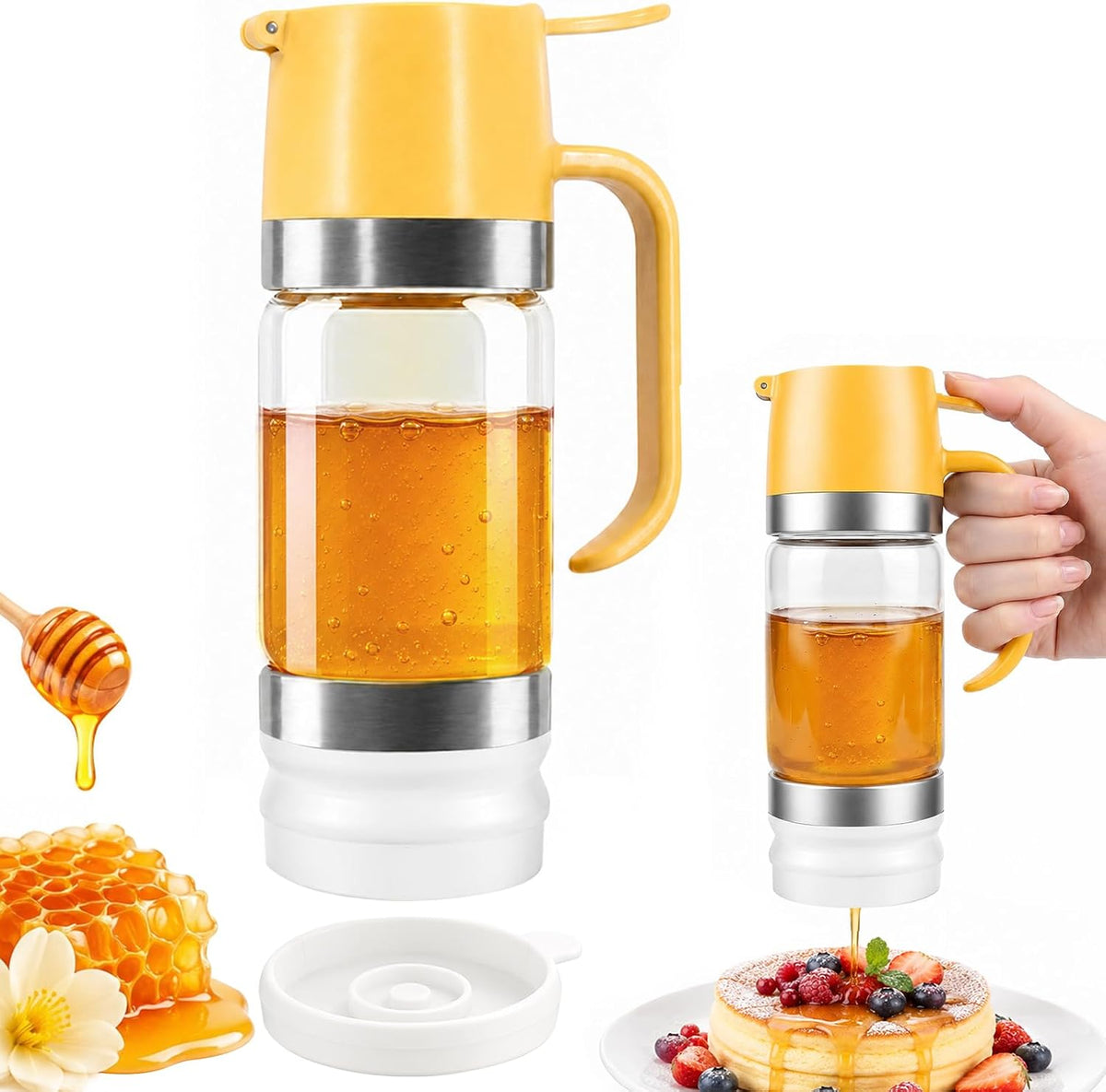 Honey Dispenser No Drip, Glass Honey Dispenser with Stand, 10oz Borosilicate Mess-Free Honey Jar with Ergonomic Handle, Precision Pouring Container for Honey, Maple Syrup, Chocolate Syrup (Black)